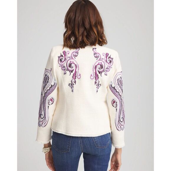 Chico’s Embroidered Paisley Lady Jacket size 1 US M Cream Purple Button Front - Picture 2 of 14